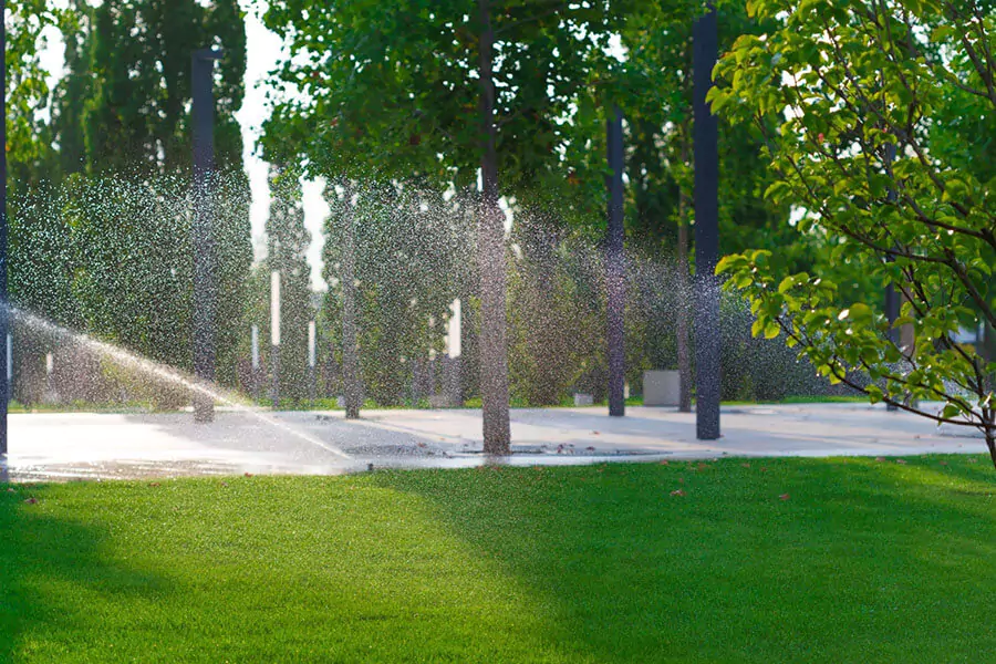 lots of big trees and a green lawn install a sprinkler system for watering