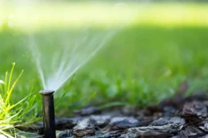 Sprinkler spraying green grass
