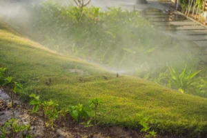 Garden Sprinkler Watering the Green Lawn