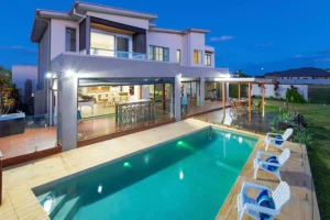 modern house outdoor lights with swimming pool