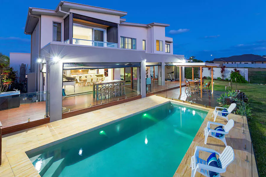 modern house outdoor lights with swimming pool