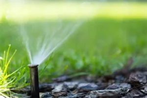 sprinkler system watering green lawn