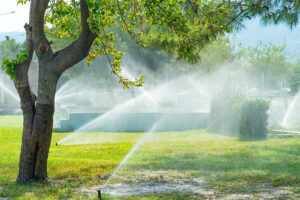 Sprinkler system installation in a green and beautiful landscape in Humble, TX