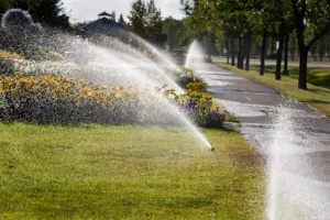 After completing the sprinkler repair now sprinkler system watering in a beautiful landscape