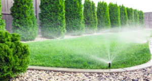 Lawn sprinkler system watering a green lawn with well-maintained bushes and trees, showcasing efficient irrigation for landscaping