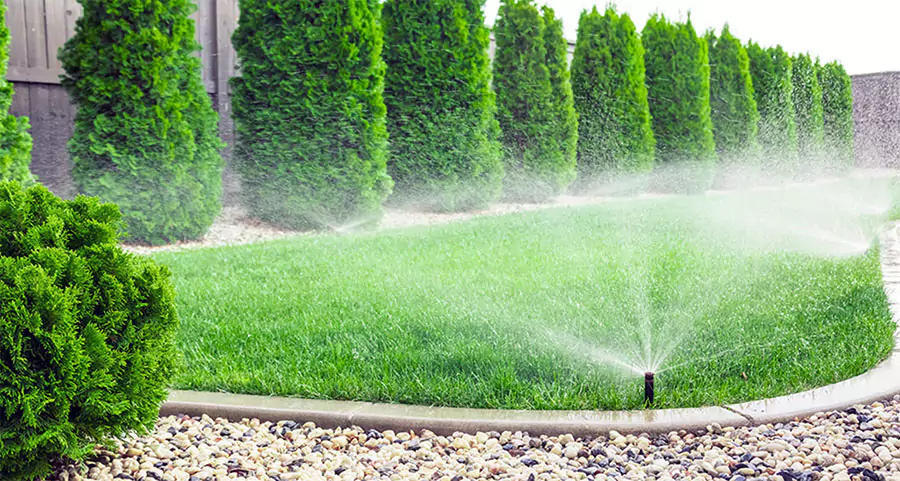 Lawn sprinkler system watering a green lawn with well-maintained bushes and trees, showcasing efficient irrigation for landscaping