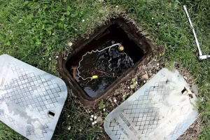 Irrigation control valve box with water pooling inside, highlighting a common issue with sprinkler systems.
