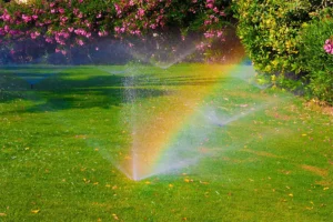 Lawn sprinkler system spraying water, creating a rainbow effect on a lush green lawn with blooming shrubs in the background.