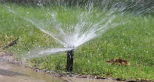 Broken sprinkler head spraying water unevenly, causing water waste and lawn irrigation issues