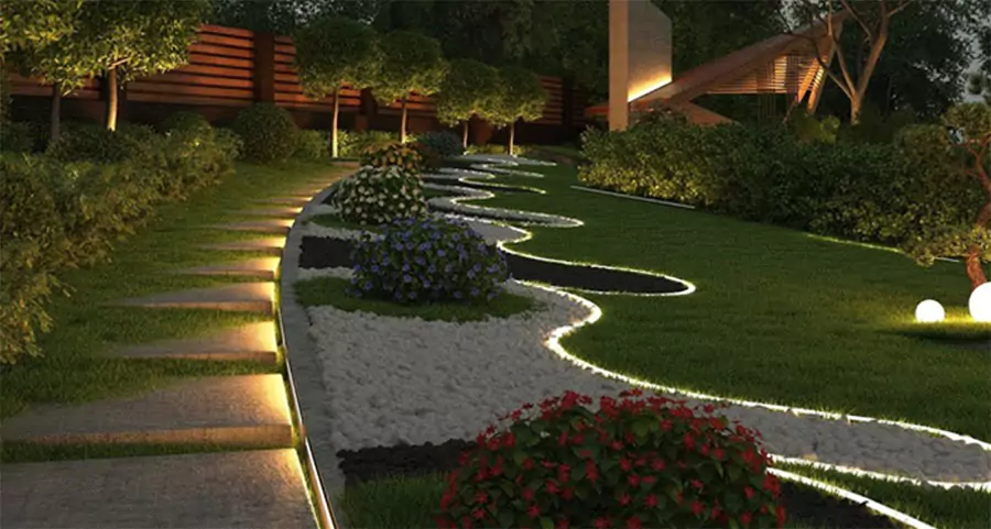 Elegant professional landscape lighting installation illuminating garden pathways and flower beds for enhanced outdoor aesthetics
