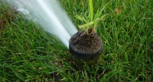 Broken lawn sprinkler head spraying water unevenly due to grass and dirt blockage.