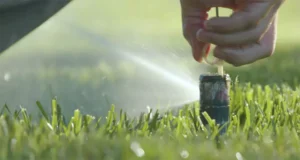 Close-up of a sprinkler head being adjusted during summer lawn irrigation maintenance in Humble, TX