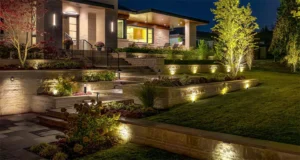Modern home with tiered landscape, stone retaining walls, and energy-efficient outdoor lighting illuminating plants and pathways at night