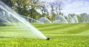 Automatic sprinkler system watering green lawn in Humble, TX during summer