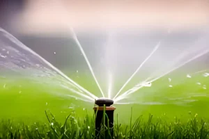 Smart sprinkler head watering green lawn in Atascocita TX with efficient irrigation system for water savings