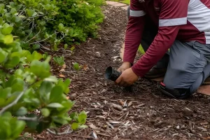 Technician installing low-voltage landscape lighting fixture in mulched garden bed for outdoor lighting maintenance in Humble TX