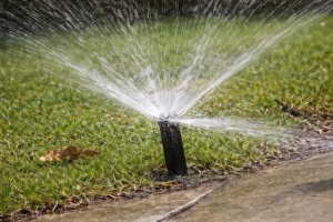 pop up sprinkler head spraying water evenly on green lawn near sidewalk showing residential irrigation system in operation