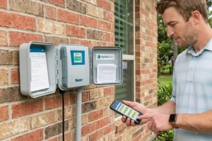 Smart sprinkler controller installation in Atascocita home with homeowner using mobile app to adjust irrigation system settings for efficient lawn watering