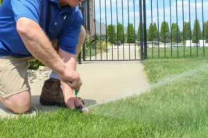 Technician adjusting sprinkler head near sidewalk to improve lawn irrigation coverage and fix water spray alignment