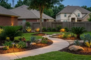 Weatherproof landscape lighting installed along a curved backyard walkway in Humble, TX with illuminated garden beds and outdoor pathway lights at night.