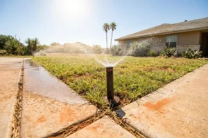 Smart sprinkler system installation watering a residential lawn in Humble TX with efficient irrigation coverage