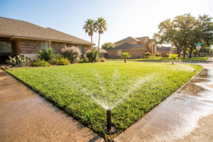 A properly adjusted sprinkler system waters a healthy lawn efficiently, helping Atascocita homeowners conserve water while maintaining vibrant turf during the summer heat.