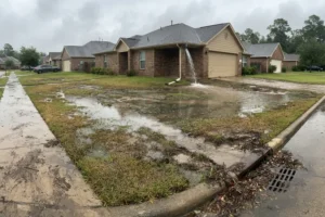 Standing water pooling around a residential home in Humble, TX, showing poor yard drainage and the need for professional drainage solutions to protect lawns and foundations.