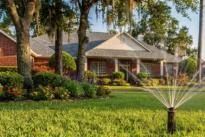 A residential landscape in Atascocita, TX, with a sprinkler system providing even irrigation across a lush green lawn, colorful landscape beds, and healthy trees, demonstrating efficient whole-yard watering.