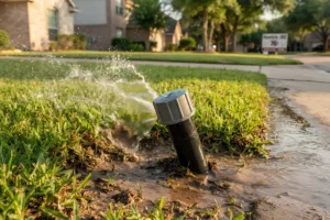 A misaligned sprinkler head spraying water unevenly across the lawn and toward the pavement, causing pooling and potential water waste.