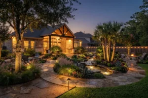 Smart landscape lighting illuminating a landscaped backyard with pathways, trees, water features, and outdoor living areas at dusk.