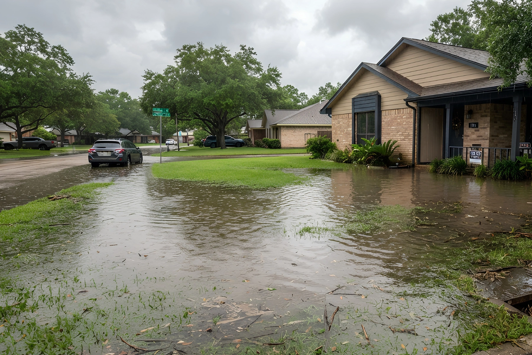 A flooded suburban street with a submerged front yard and driveway, a car parked in standing water, and a brick house under an overcast, stormy sky.