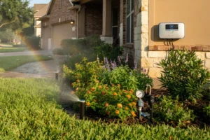 Smart sprinkler system watering a lawn and garden beside a home in Atascocita, TX.