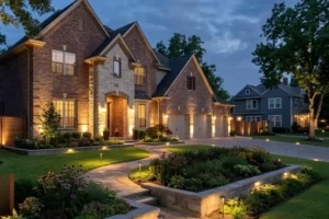Humble, TX home illuminated by low-voltage landscape lighting at dusk, featuring pathway lights, garden uplighting, and warm exterior lighting.